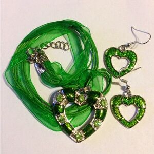 New 3 Piece Green Heart Cord and Chiffon Necklace With Matching Earrings